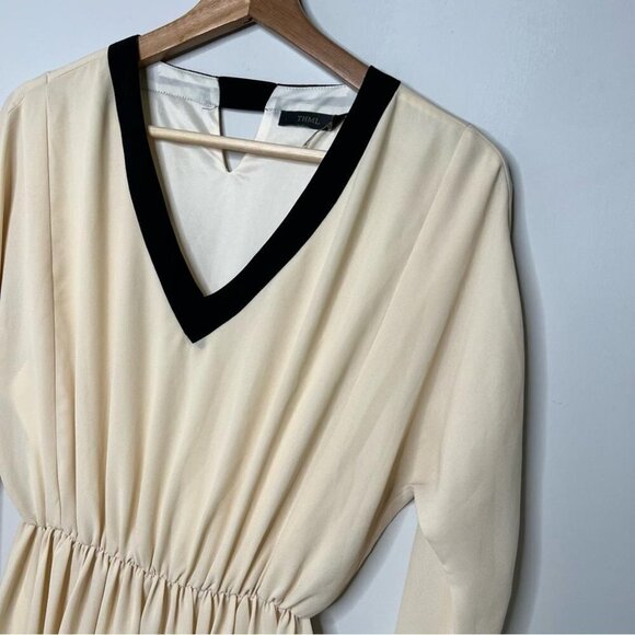 THML Womens Size Small Long Sleeve Blouson Dress Cream Black V Neckline Neutral - Picture 3 of 10